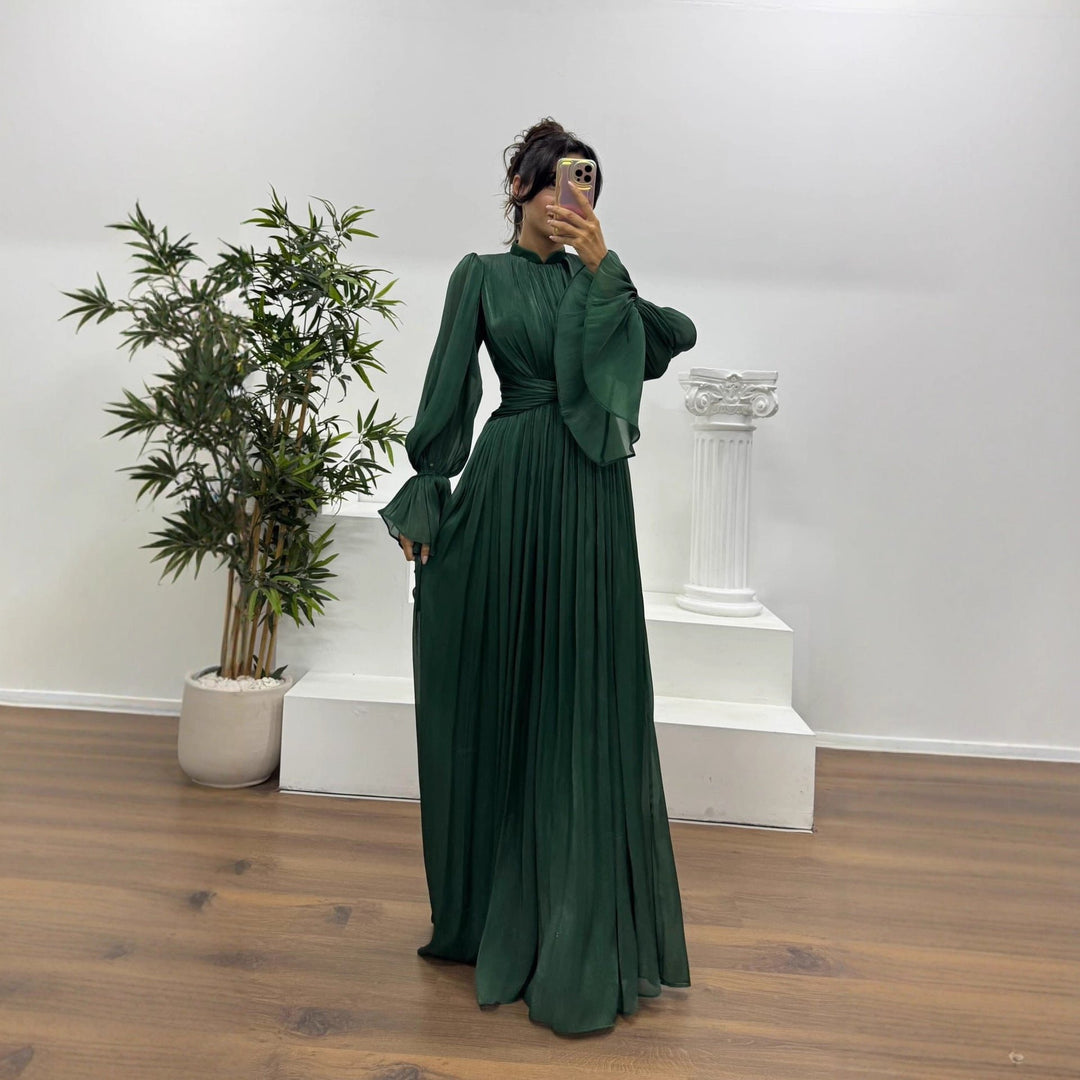Women's Pleated Long Sleeve Maxi Dress | Wedding Guest Blouson Cuff Detail