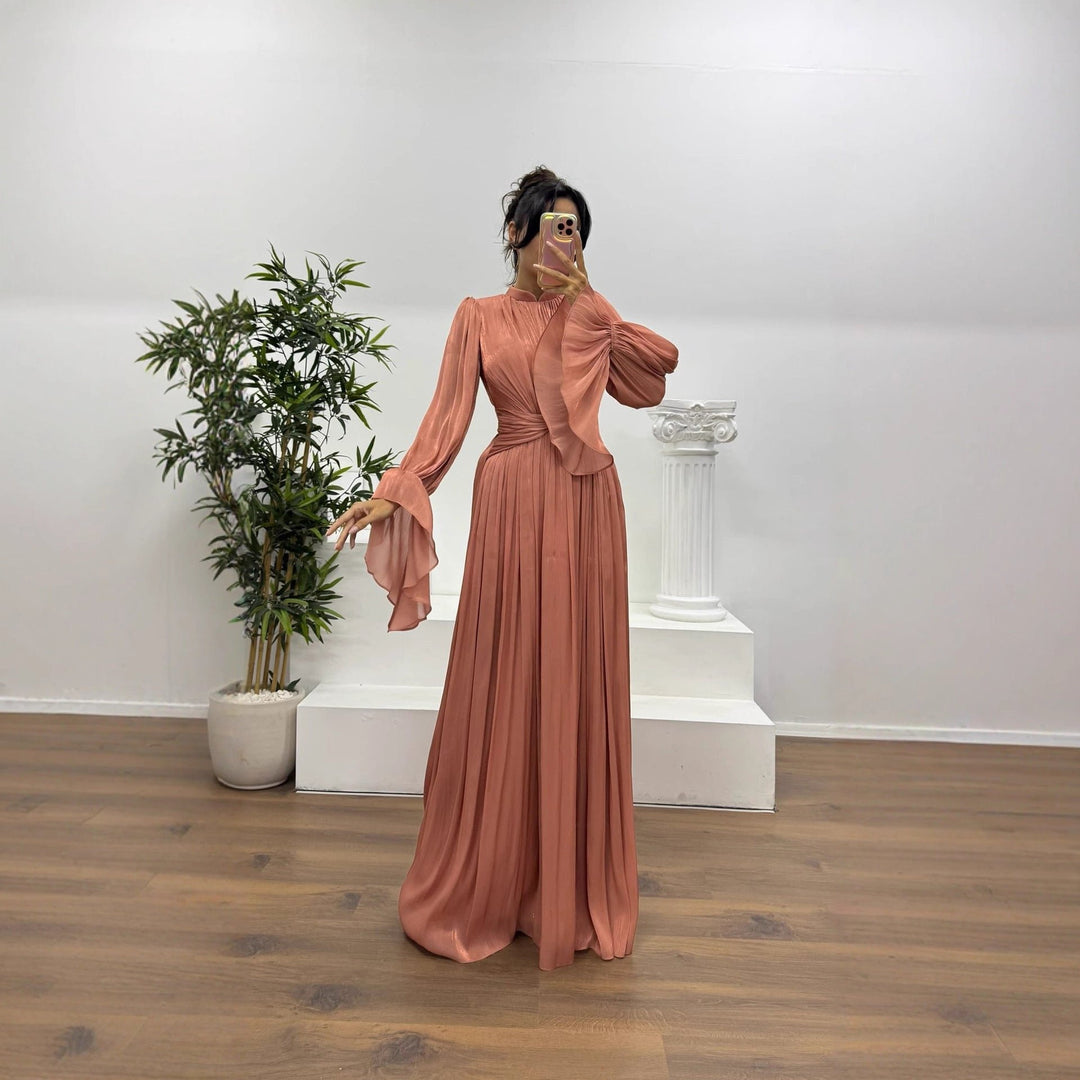 Women's Pleated Long Sleeve Maxi Dress | Wedding Guest Blouson Cuff Front