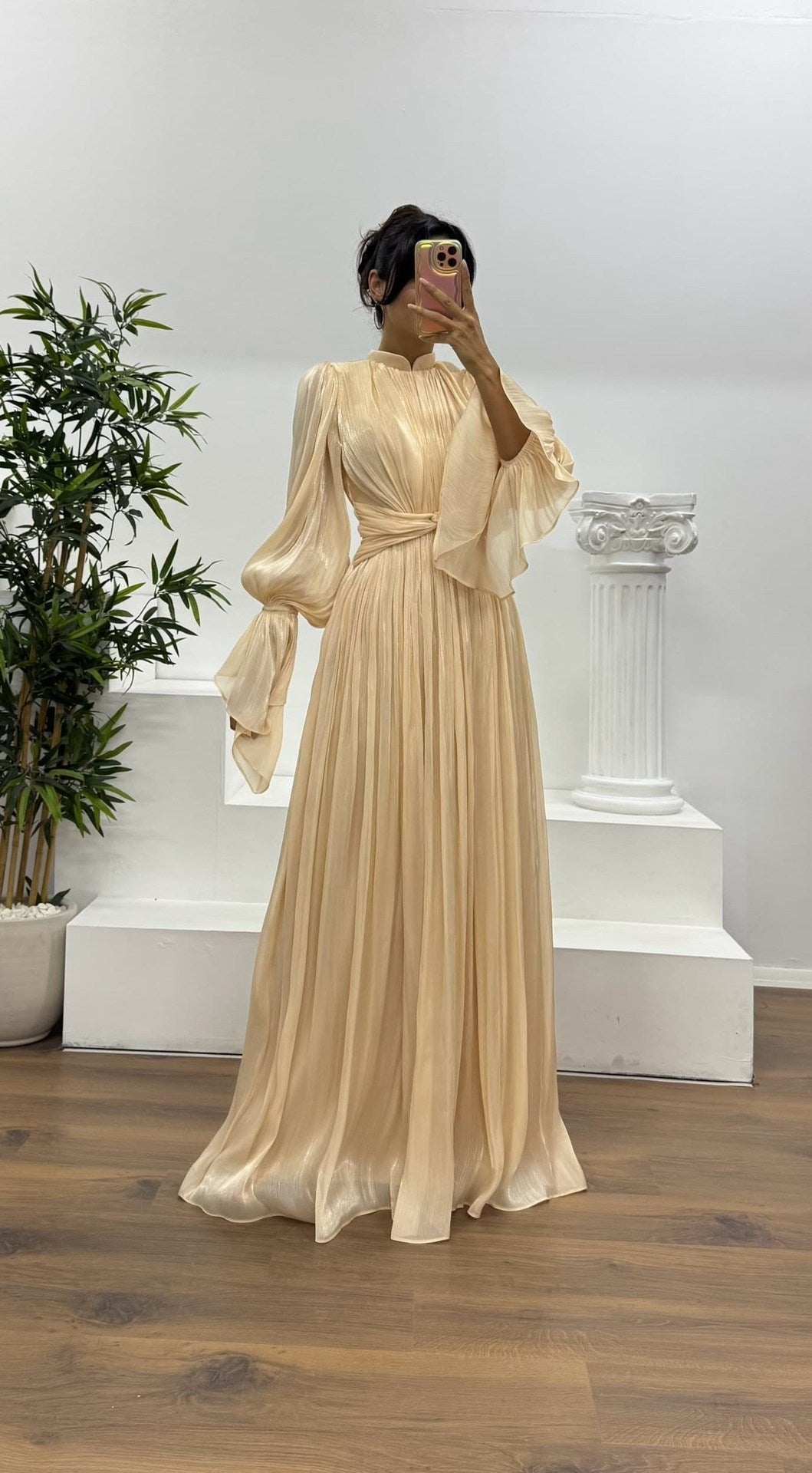 Women's Pleated Long Sleeve Maxi Dress | Wedding Guest Blouson Cuff Full