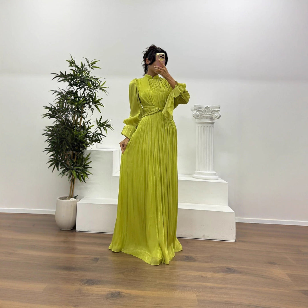 Women's Pleated Long Sleeve Maxi Dress | Wedding Guest Blouson Cuff Hero