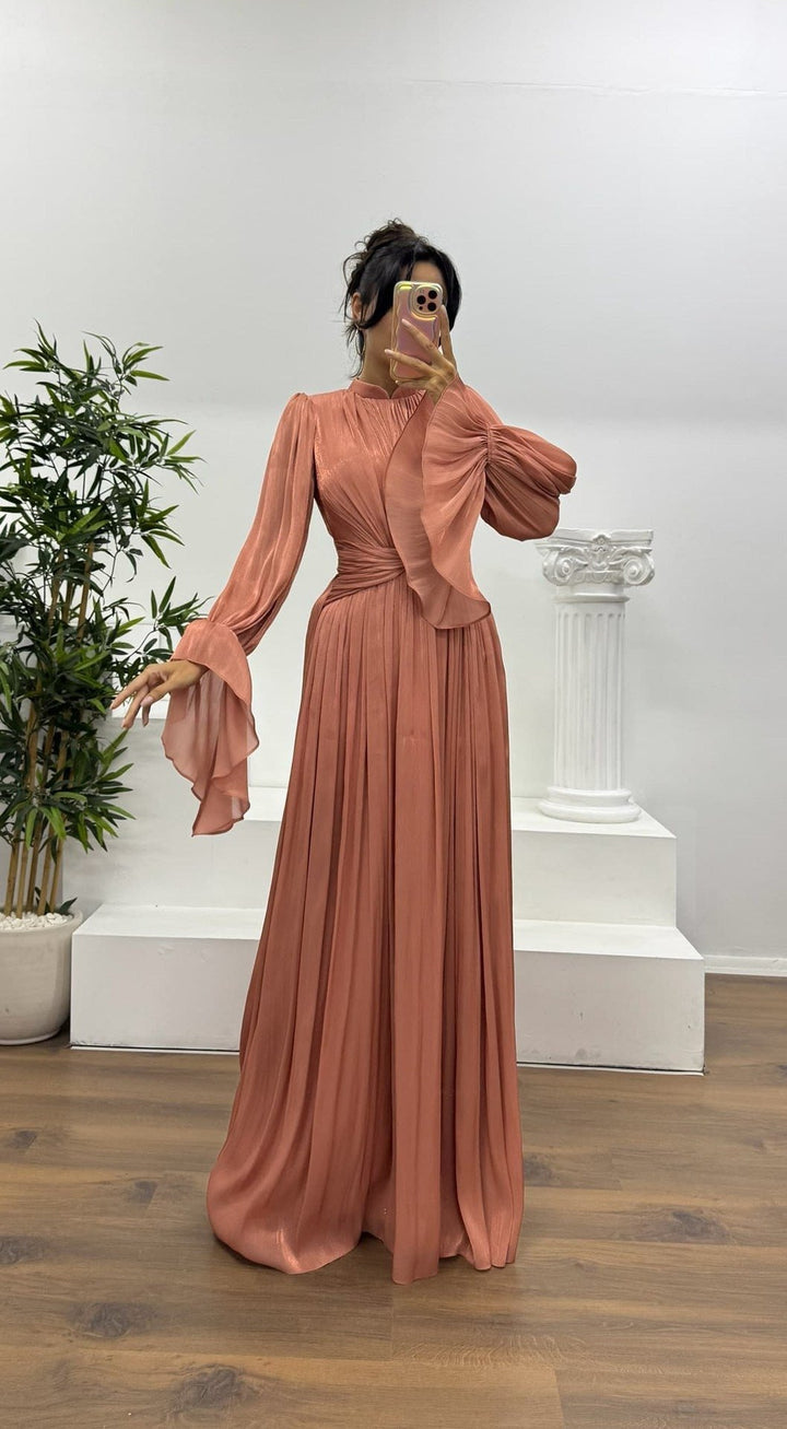 Women's Pleated Long Sleeve Maxi Dress | Wedding Guest Blouson Cuff Lifestyle