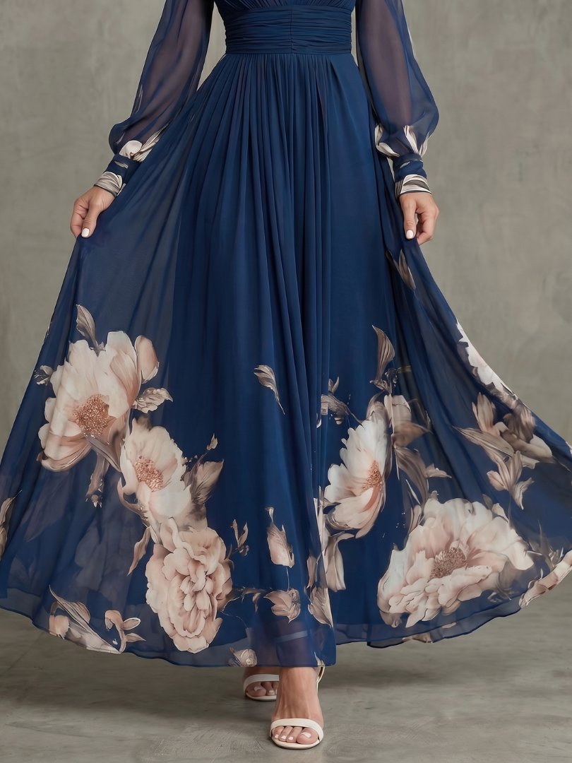 Women's Pleated Maxi Dress | Sheer Sleeves with Floral Hem Detail