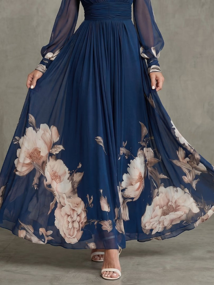 Women's Pleated Maxi Dress | Sheer Sleeves with Floral Hem Detail