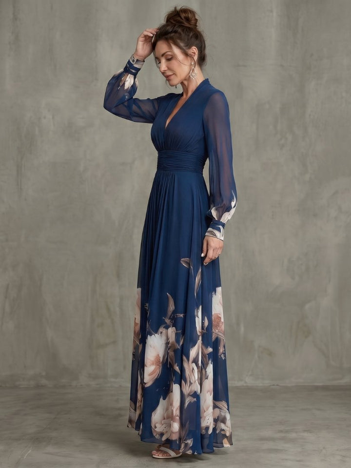 Women's Pleated Maxi Dress | Sheer Sleeves with Floral Hem Front