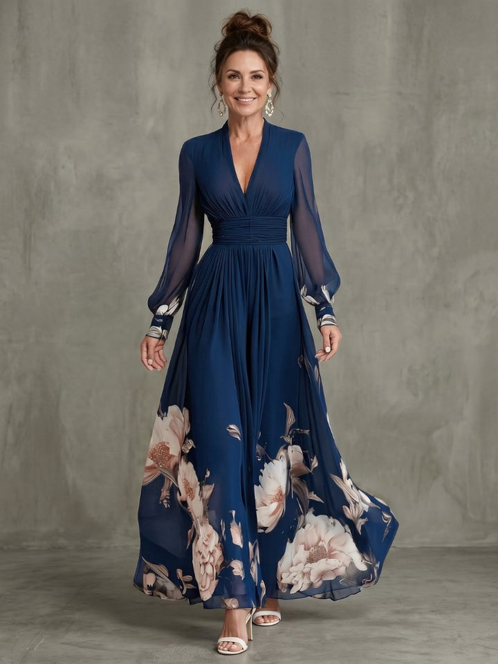 Women's Pleated Maxi Dress | Sheer Sleeves with Floral Hem Hero