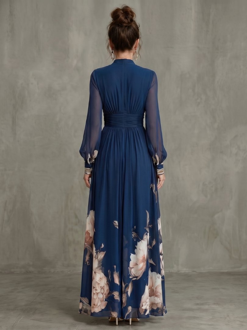 Women's Pleated Maxi Dress | Sheer Sleeves with Floral Hem Side