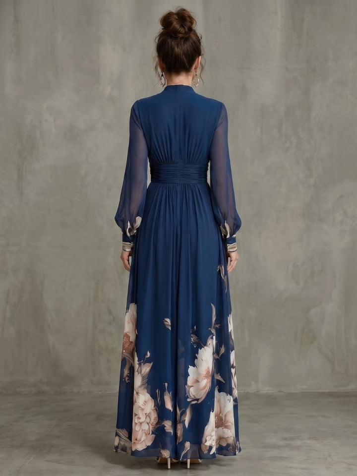 Women's Pleated Maxi Dress | Sheer Sleeves with Floral Hem Side