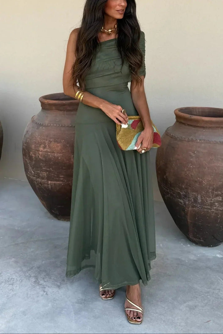 Women's Pleated One-Shoulder Maxi Dress | Wedding Guest Draped Neckline Alternate