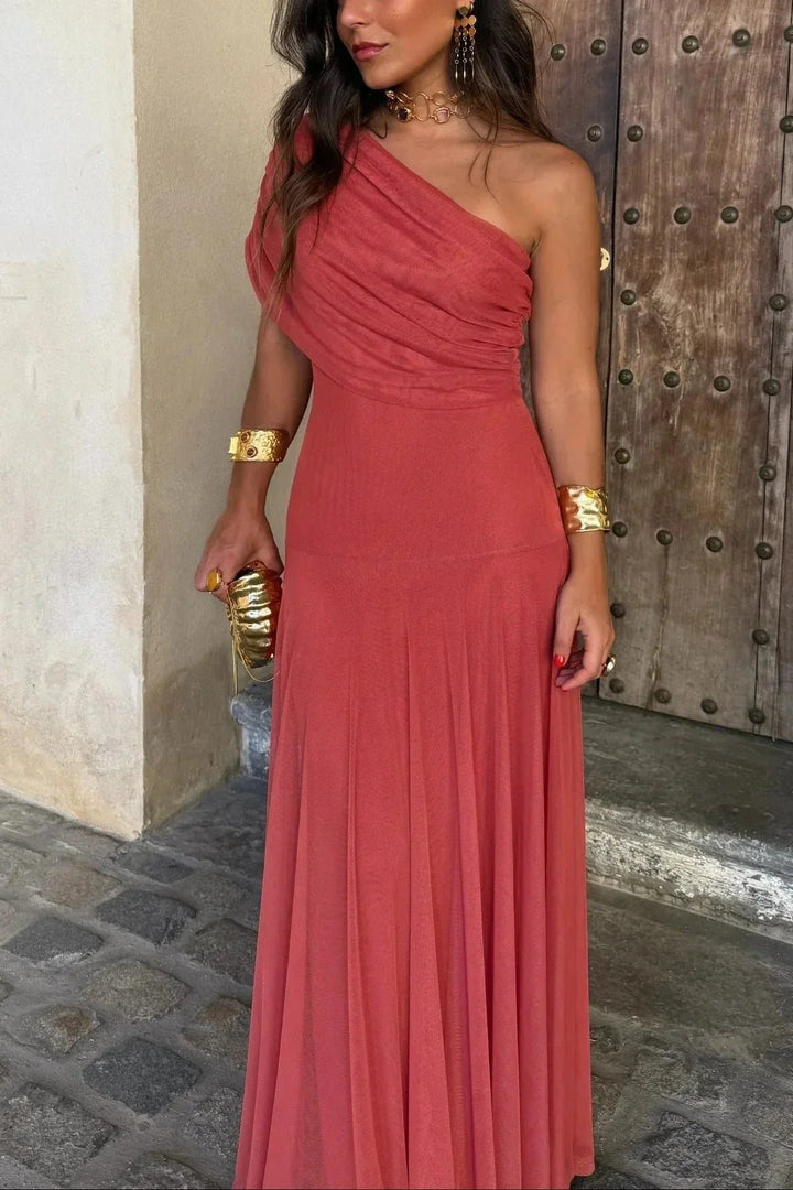 Women's Pleated One-Shoulder Maxi Dress | Wedding Guest Draped Neckline Back