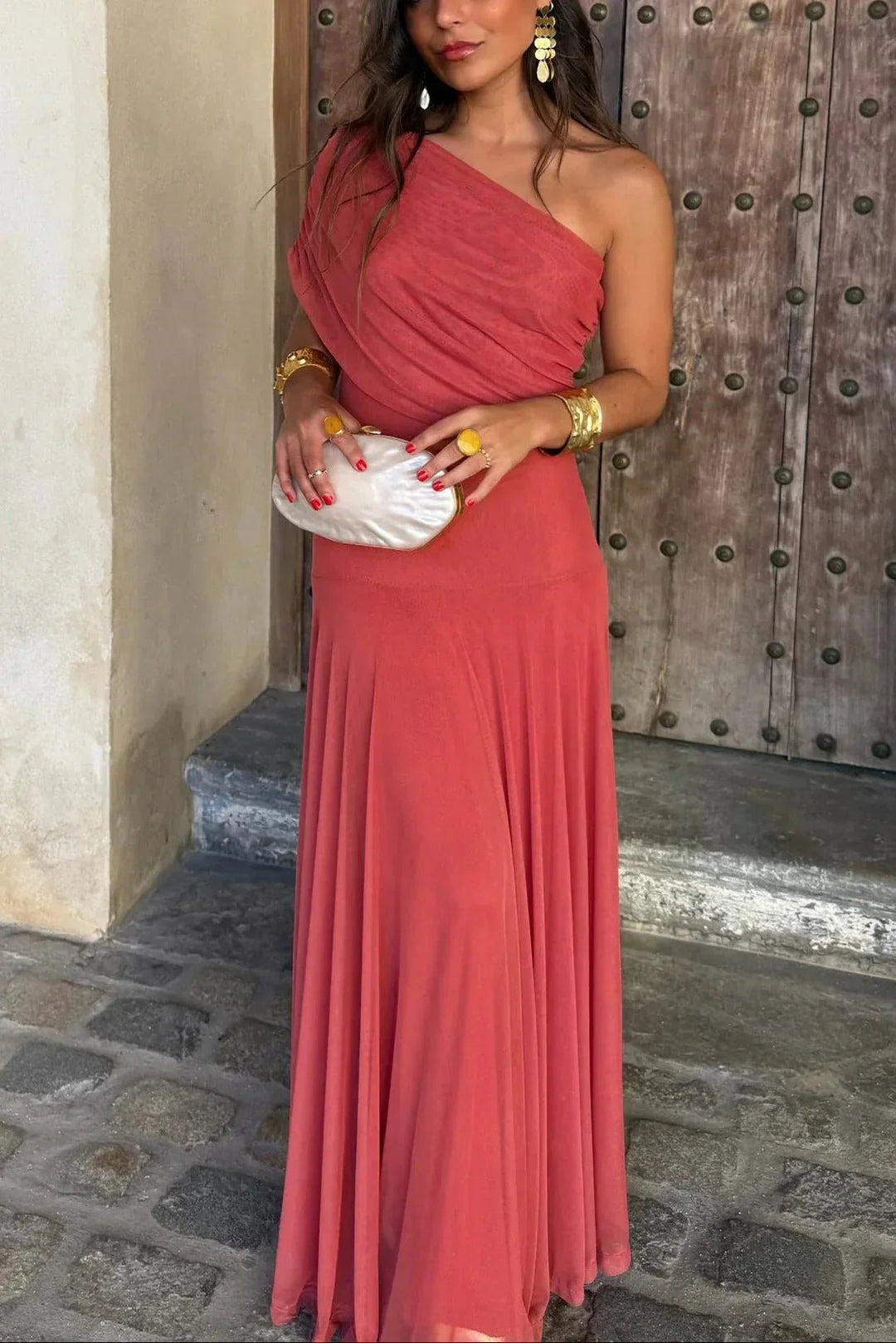 Women's Pleated One-Shoulder Maxi Dress | Wedding Guest Draped Neckline Close Up