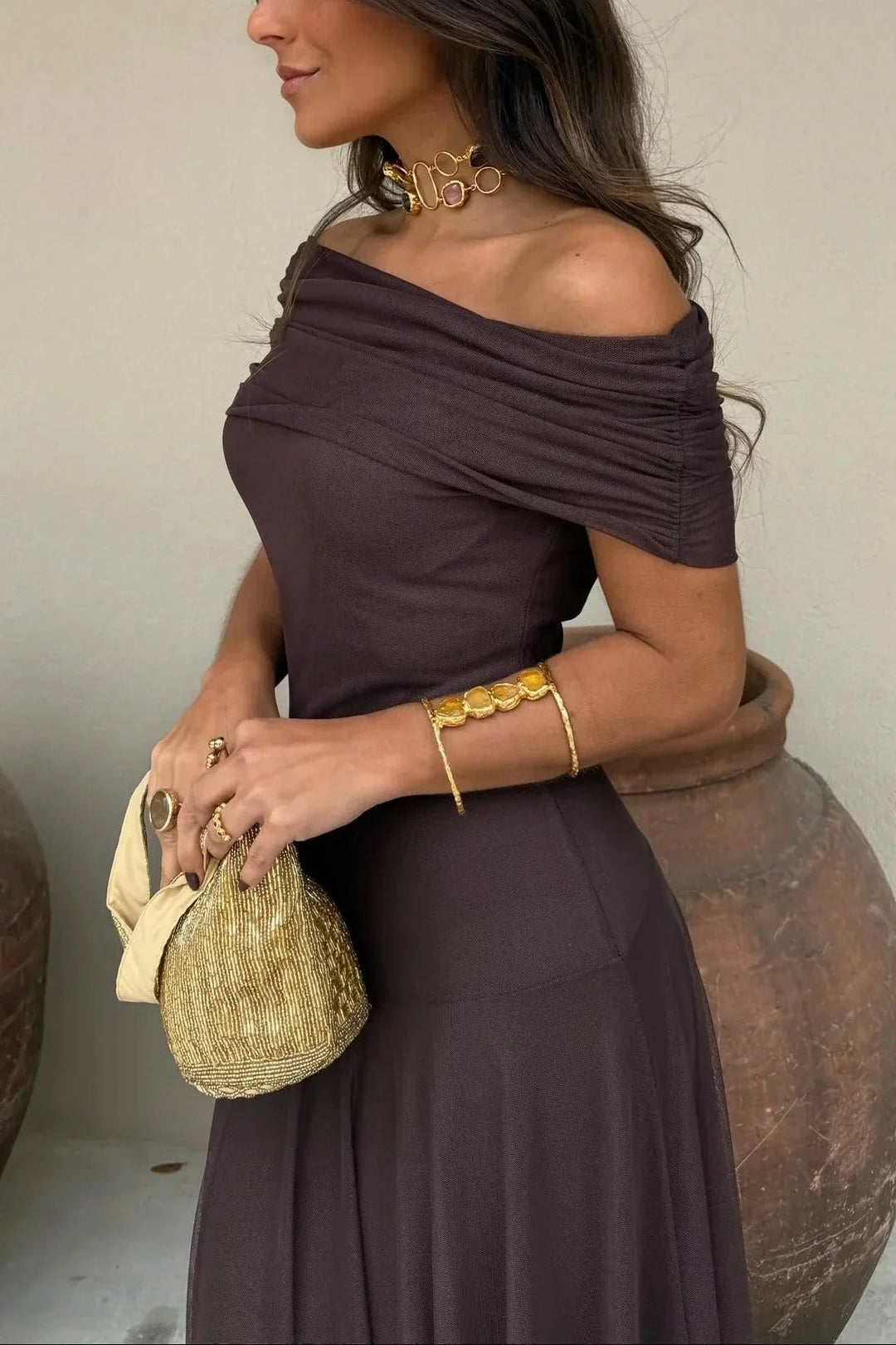 Women's Pleated One-Shoulder Maxi Dress | Wedding Guest Draped Neckline Detail