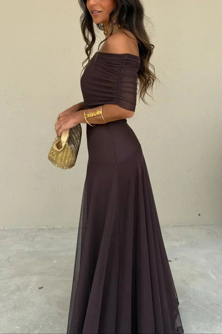Women's Pleated One-Shoulder Maxi Dress | Wedding Guest Draped Neckline Front