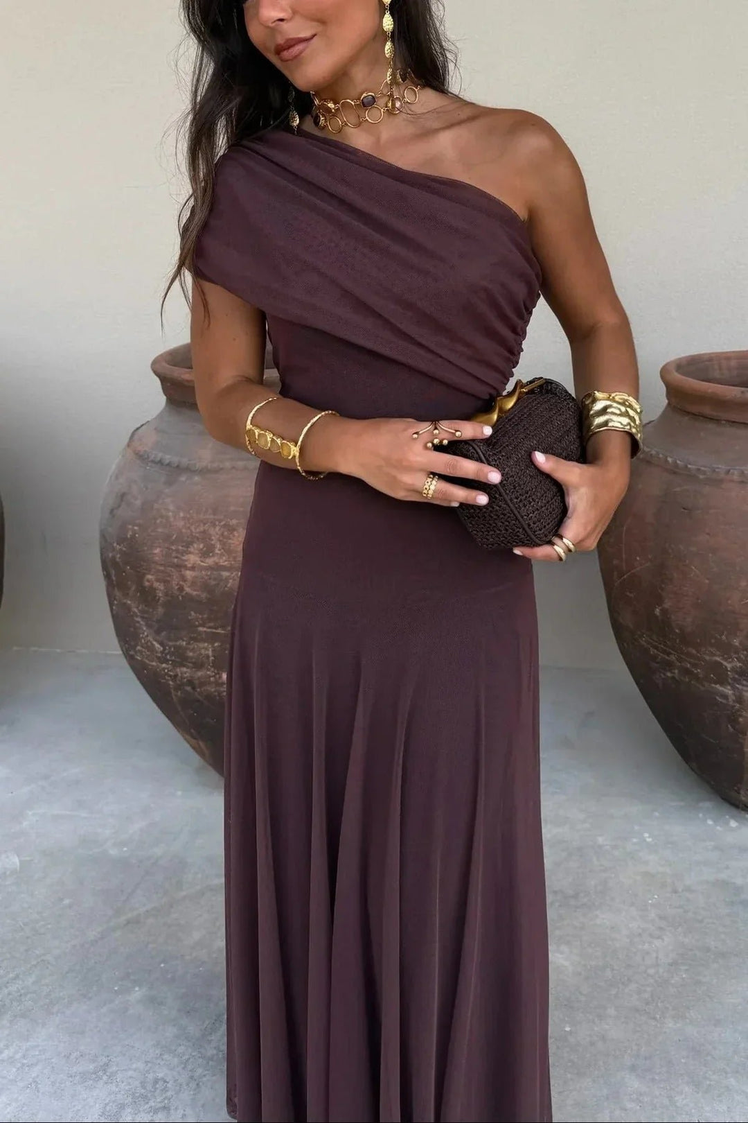 Women's Pleated One-Shoulder Maxi Dress | Wedding Guest Draped Neckline Hero
