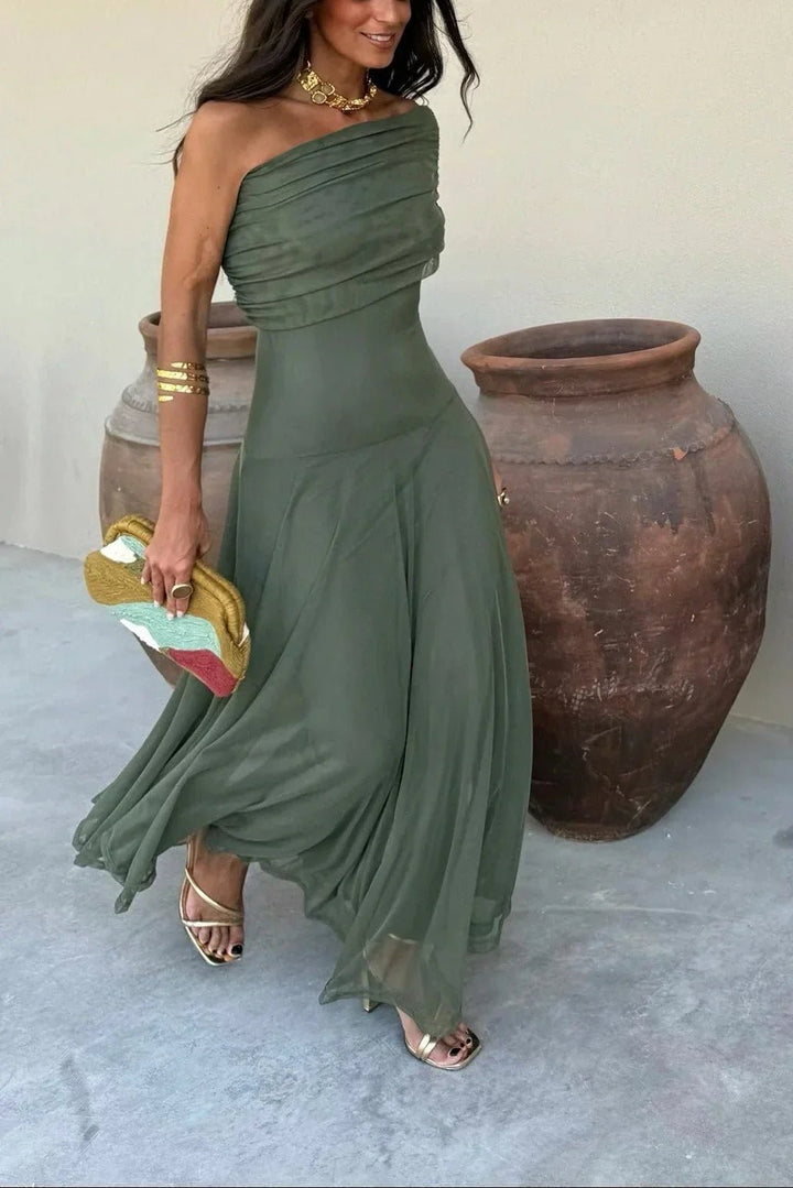 Women's Pleated One-Shoulder Maxi Dress | Wedding Guest Draped Neckline View 11