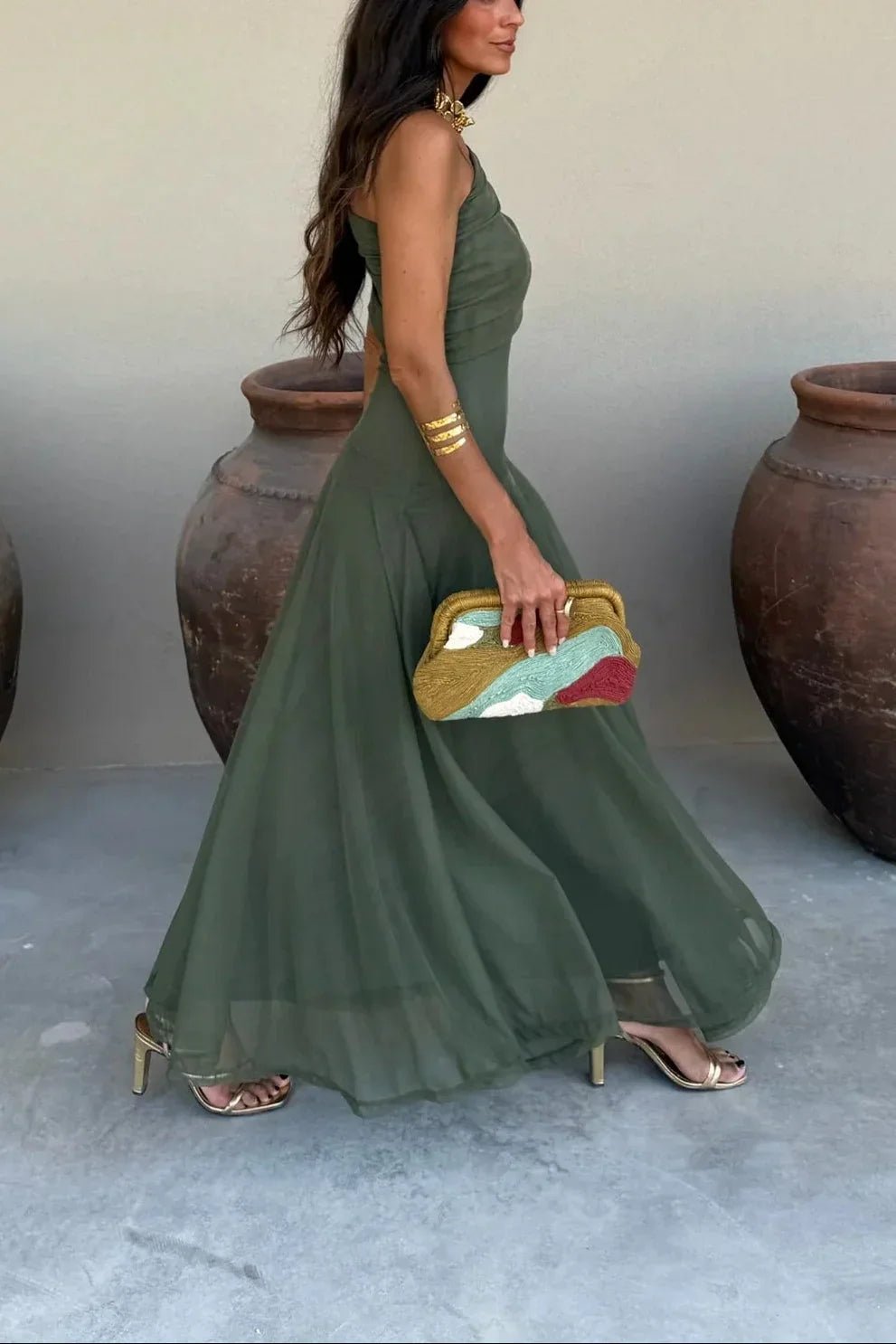 Women's Pleated One-Shoulder Maxi Dress | Wedding Guest Draped Neckline View 12