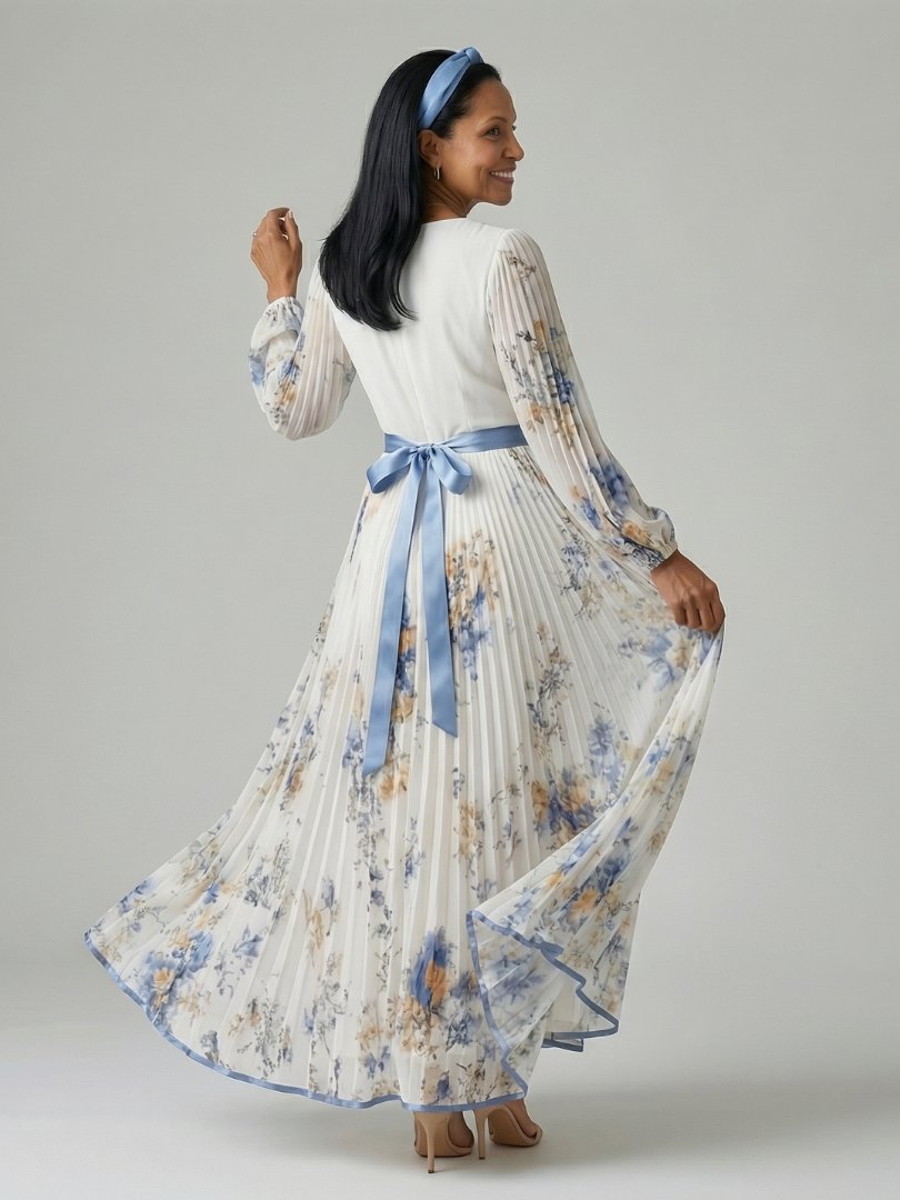 Women's Pleated Wrap Midi Dress | Long Sleeve Floral Fit Back