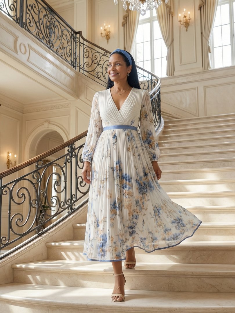 Women's Pleated Wrap Midi Dress | Long Sleeve Floral Fit Close Up