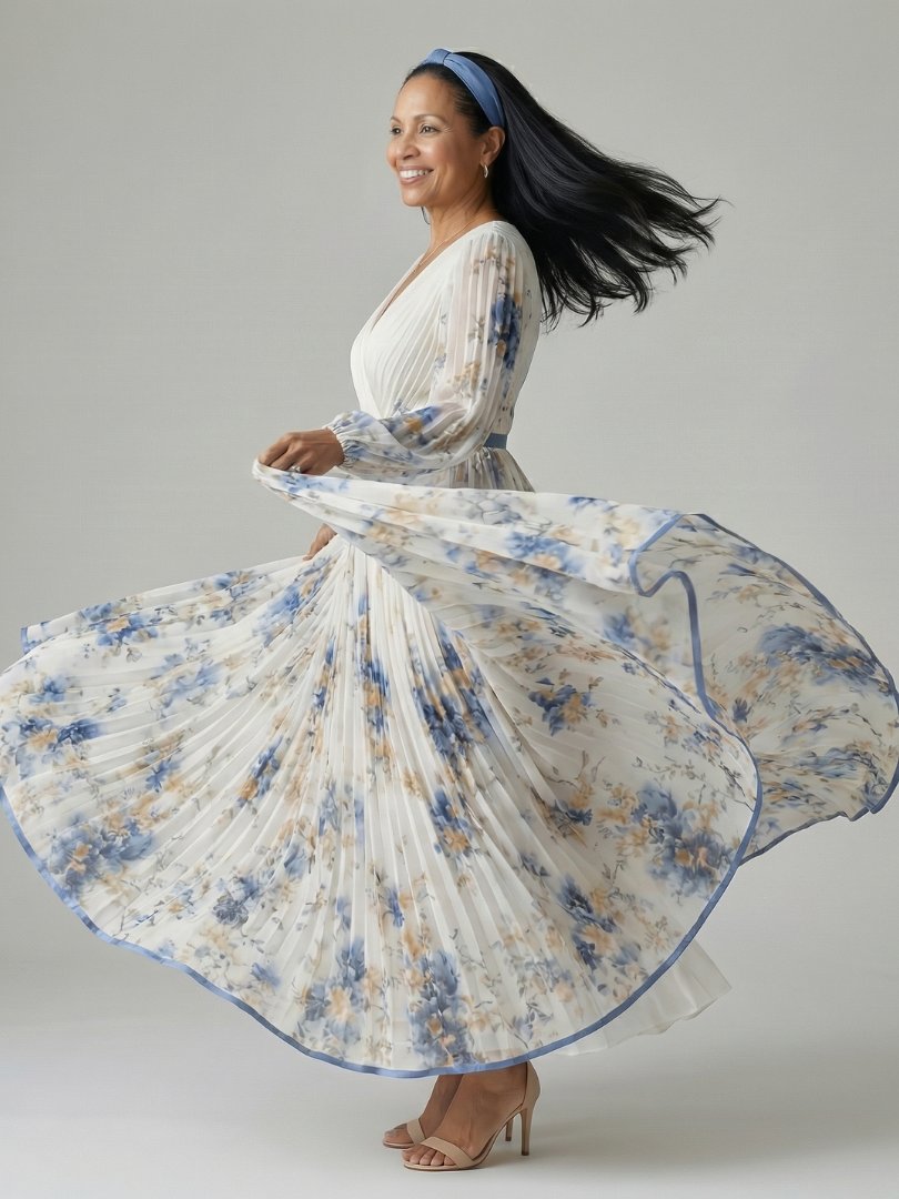 Women's Pleated Wrap Midi Dress | Long Sleeve Floral Fit Detail