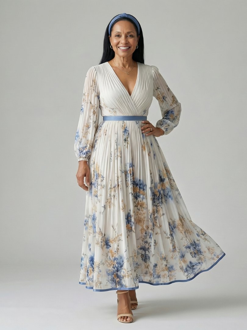 Women's Pleated Wrap Midi Dress | Long Sleeve Floral Fit Front
