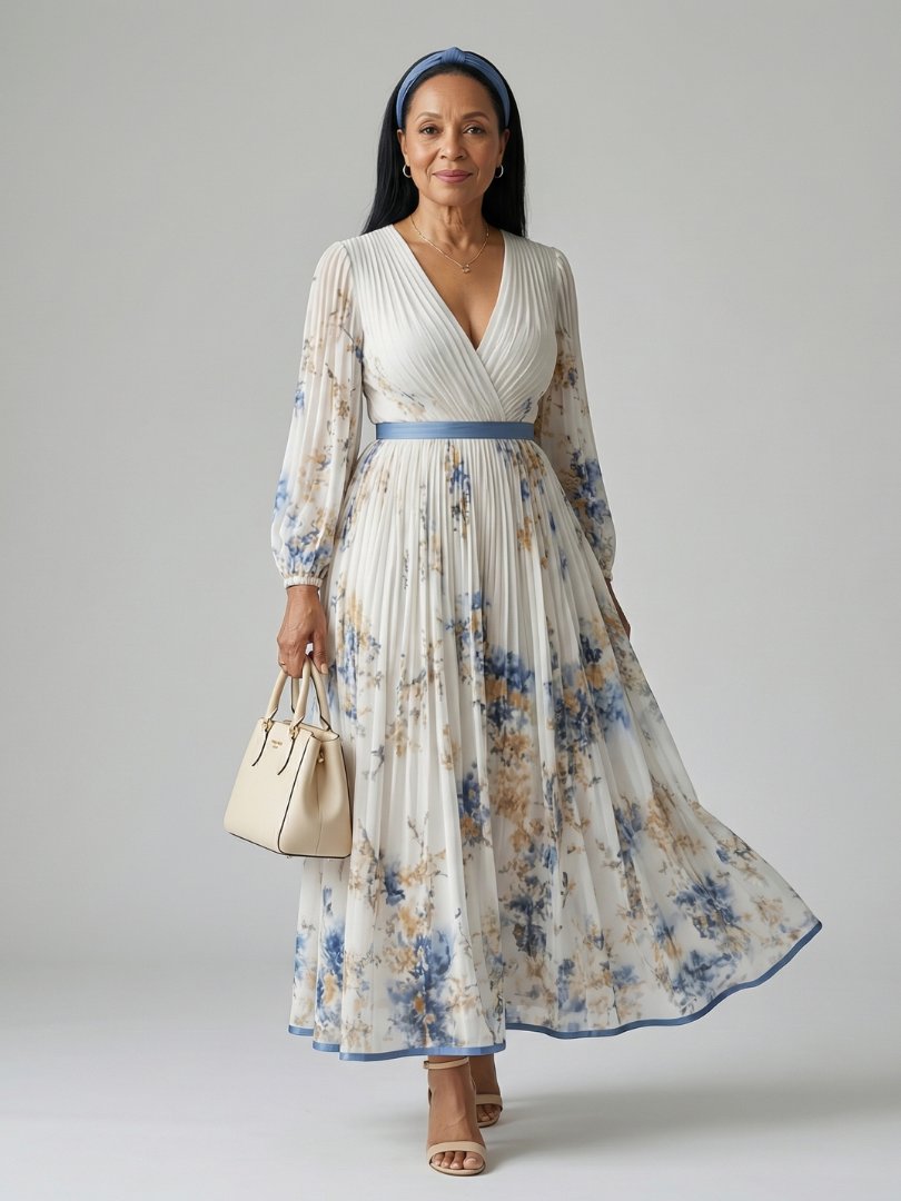 Women's Pleated Wrap Midi Dress | Long Sleeve Floral Fit Hero
