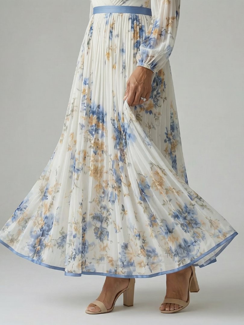 Women's Pleated Wrap Midi Dress | Long Sleeve Floral Fit Side