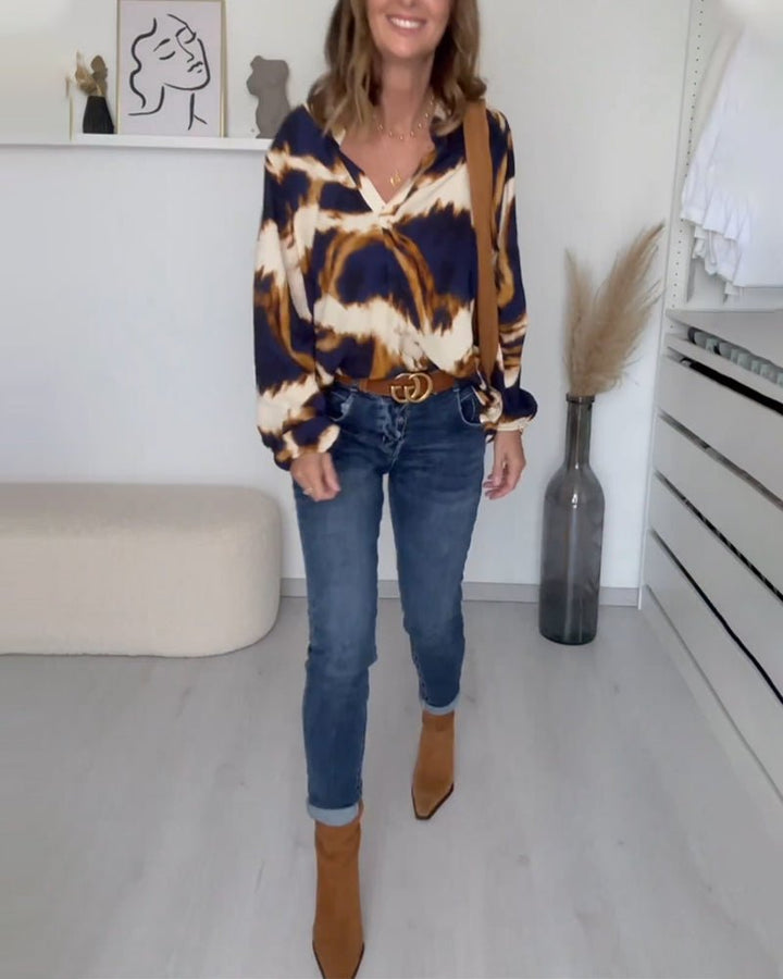 Women's Printed V-Neck Top | Balloon Sleeve Casual Fit Angle