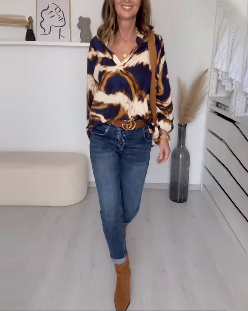 Women's Printed V-Neck Top | Balloon Sleeve Casual Fit Back