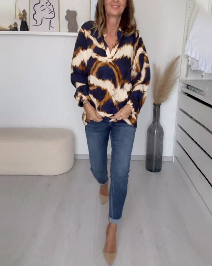 Women's Printed V-Neck Top | Balloon Sleeve Casual Fit Close Up