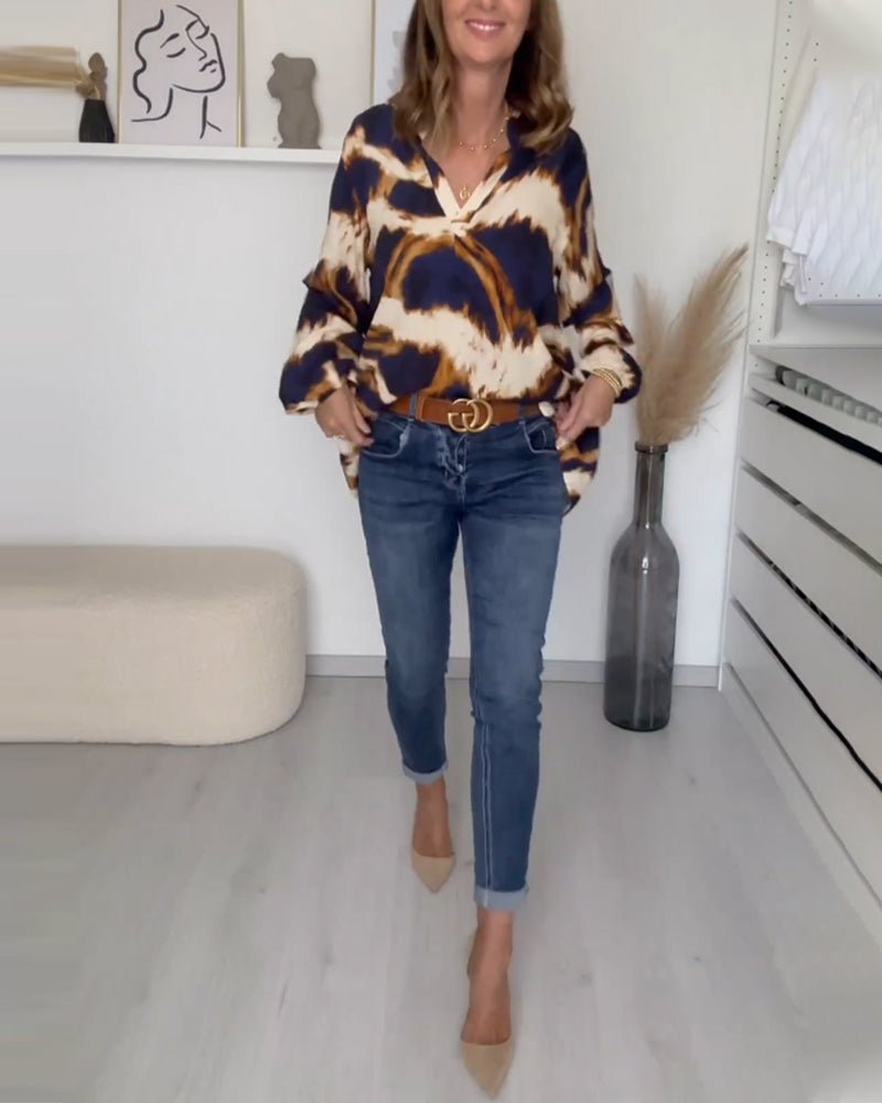 Women's Printed V-Neck Top | Balloon Sleeve Casual Fit Hero