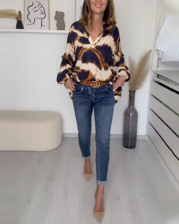 Women's Printed V-Neck Top | Balloon Sleeve Casual Fit Hero