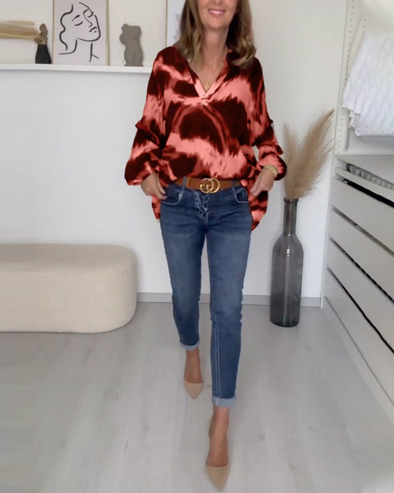 Women's Printed V-Neck Top | Balloon Sleeve Casual Fit View 11