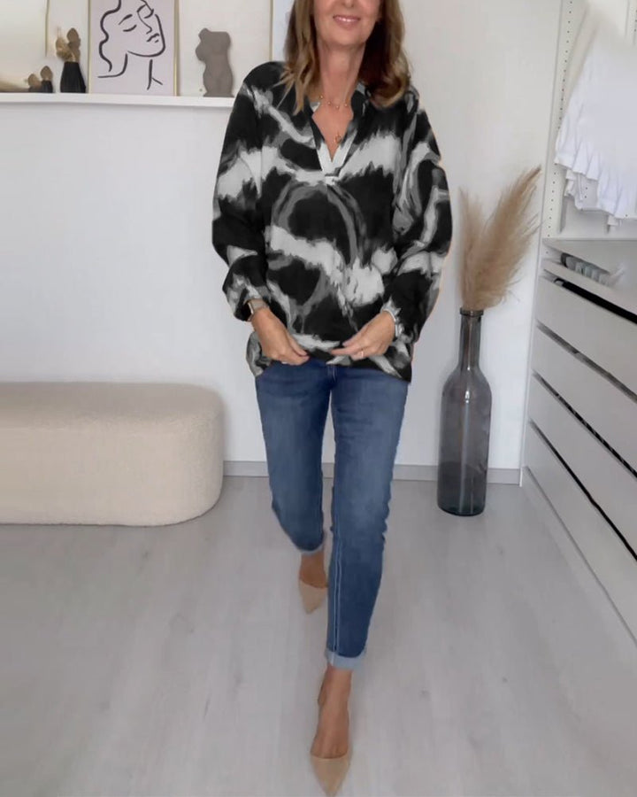 Women's Printed V-Neck Top | Balloon Sleeve Casual Fit View 14