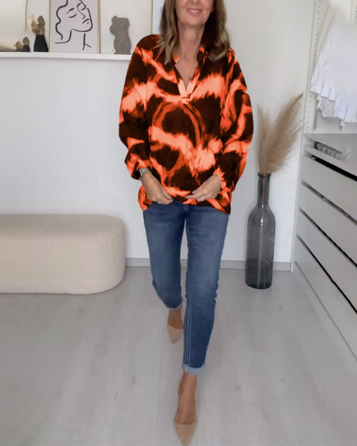 Women's Printed V-Neck Top | Balloon Sleeve Casual Fit View 18