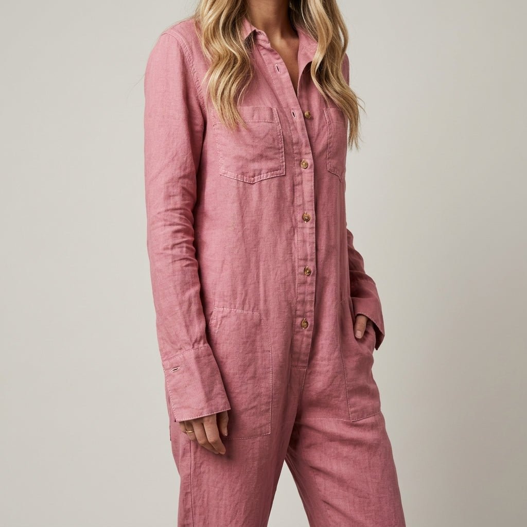 Women's Relaxed Linen Jumpsuit | Button Front Airy Fit Angle