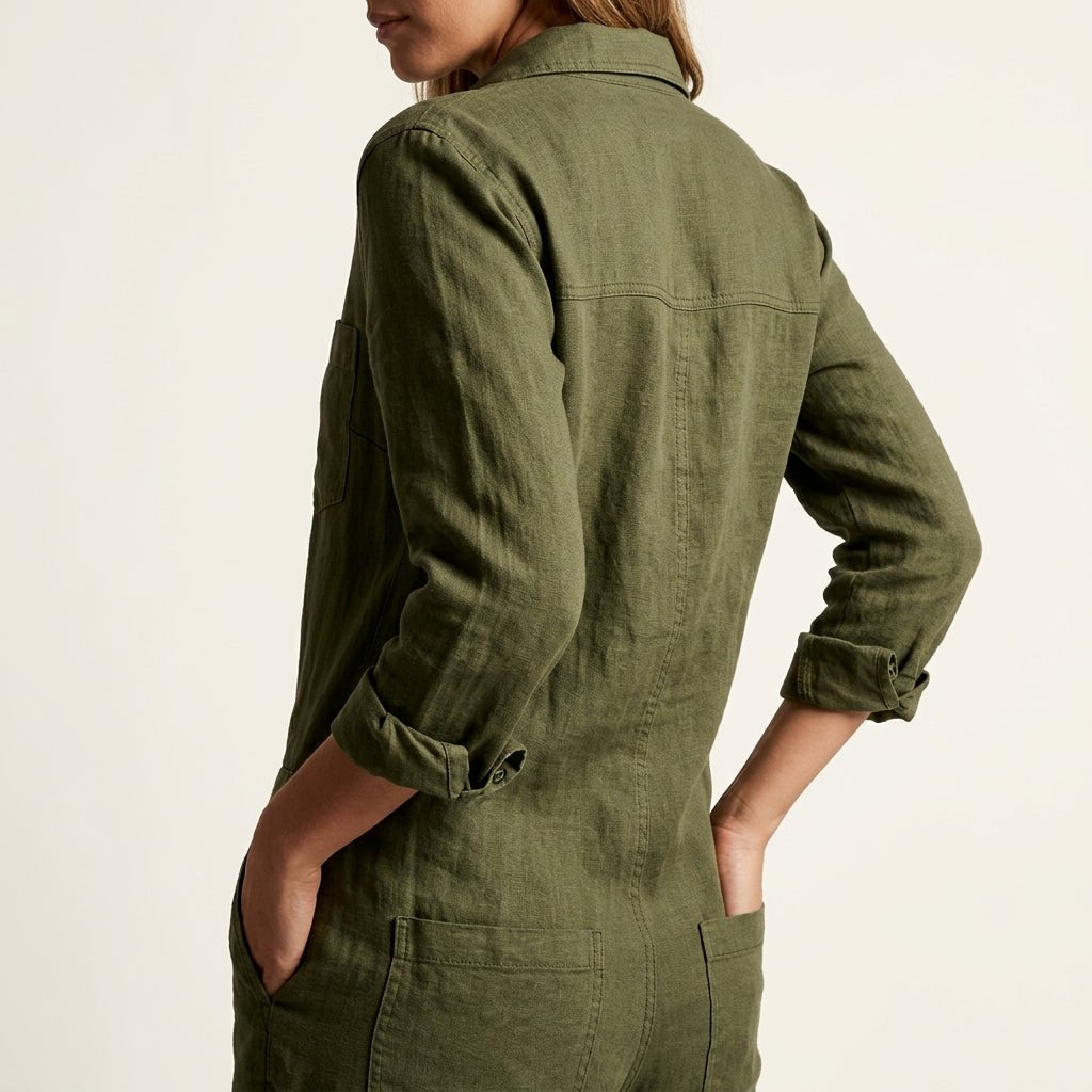 Women's Relaxed Linen Jumpsuit | Button Front Airy Fit Close Up