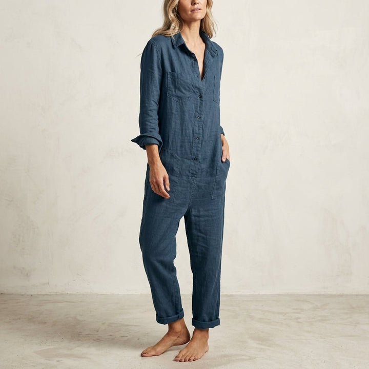 Women's Relaxed Linen Jumpsuit | Button Front Airy Fit Detail