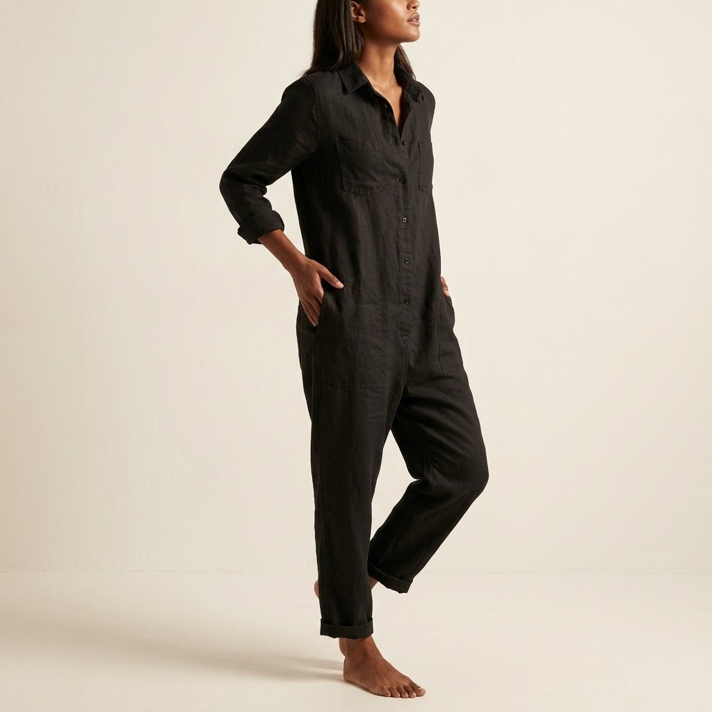 Women's Relaxed Linen Jumpsuit | Button Front Airy Fit Side