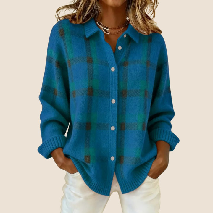 Women's Retro Check Cardigan Sweater | Soft Knit Feminine Fit Angle