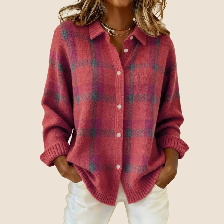 Women's Retro Check Cardigan Sweater | Soft Knit Feminine Fit Back
