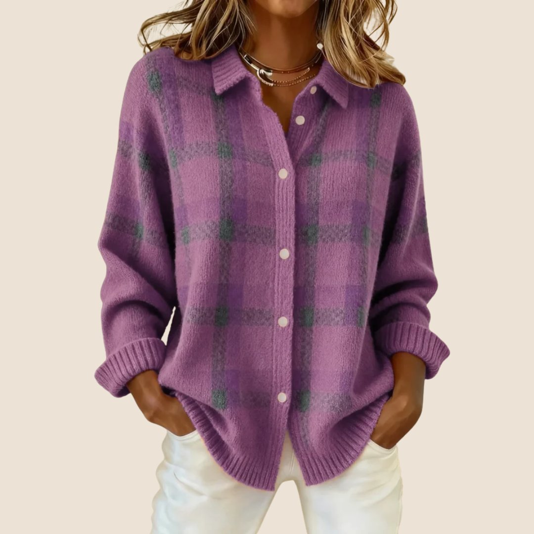 Women's Retro Check Cardigan Sweater | Soft Knit Feminine Fit Close Up