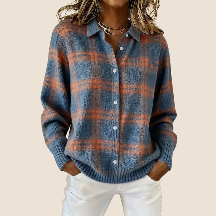Women's Retro Check Cardigan Sweater | Soft Knit Feminine Fit Detail