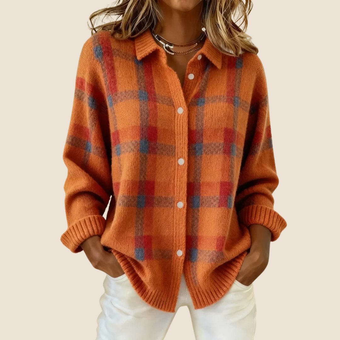 Women's Retro Check Cardigan Sweater | Soft Knit Feminine Fit Front