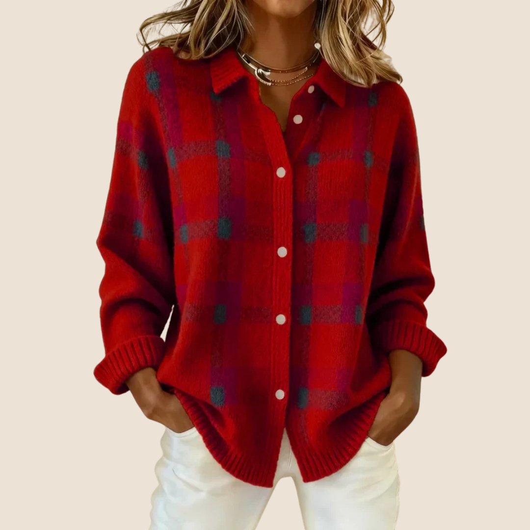 Women's Retro Check Cardigan Sweater | Soft Knit Feminine Fit Side