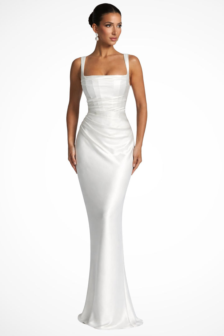 Women's Ruched Satin Maxi Wedding Guest Dress | Square Neck with Scarf Detail Back
