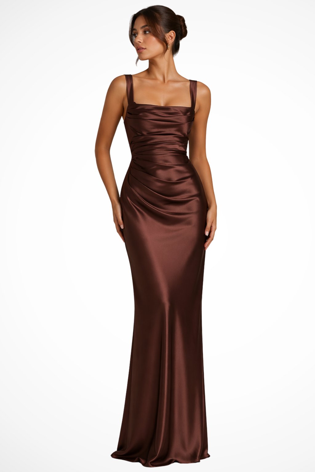 Women's Ruched Satin Maxi Wedding Guest Dress | Square Neck with Scarf Detail Detail