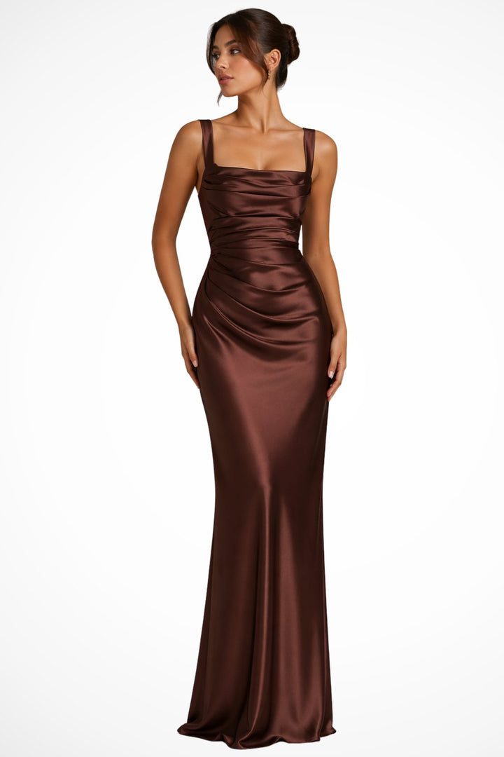 Women's Ruched Satin Maxi Wedding Guest Dress | Square Neck with Scarf Detail Detail