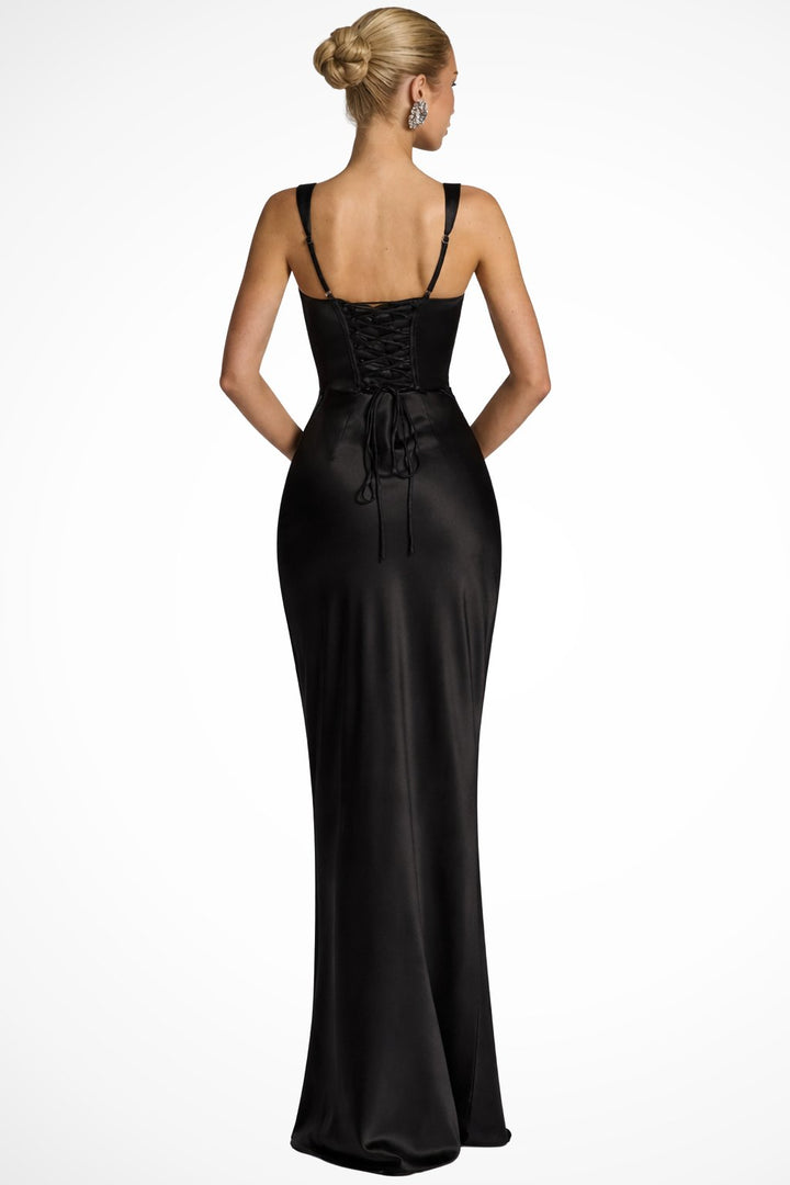 Women's Ruched Satin Maxi Wedding Guest Dress | Square Neck with Scarf Detail Front