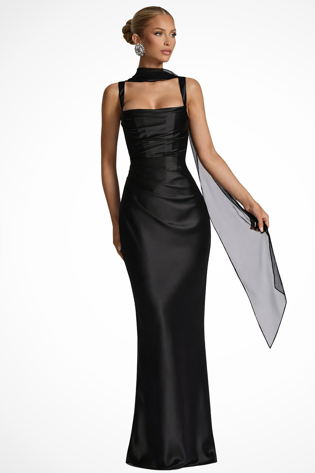 Women's Ruched Satin Maxi Wedding Guest Dress | Square Neck with Scarf Detail Hero