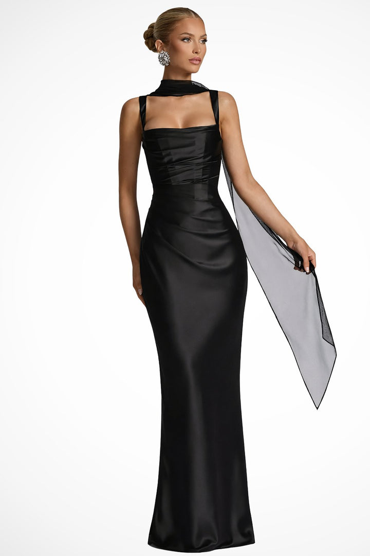 Women's Ruched Satin Maxi Wedding Guest Dress | Square Neck with Scarf Detail Hero