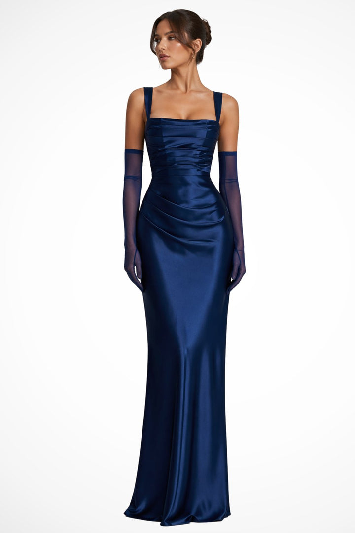Women's Ruched Satin Maxi Wedding Guest Dress | Square Neck with Scarf Detail Side